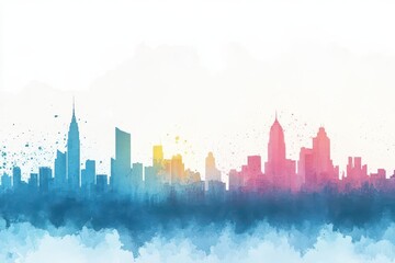 Poster - Dark blue watercolor splash background close up, focus on, copy space, emphasizing a silhouette of a city skyline Double exposure silhouette with urban structures