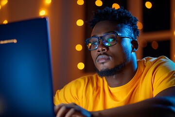 Focused Man Working on Laptop at Night