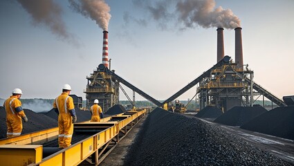 Three workers wearing yellow uniforms walk on a conveyor belt carrying coal at a power plant