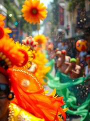 Wall Mural - A lively scene of a samba parade during carnival with a defocused backdrop of twinkling particles - glitter dust particle Ultra realistic 