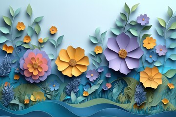 Poster - Abstract, colorful paper-cut background with white space for text and cute, cartoon flowers. 