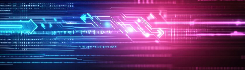 Fototapete - Abstract arrows, neon glow, digital circuitry, futuristic data flow, blue and purple tones