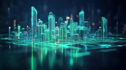 Poster - A futuristic urban design workshop, holographic cityscapes projected in the air, green and blue light reflecting off the digital models, Neon, Concept Art