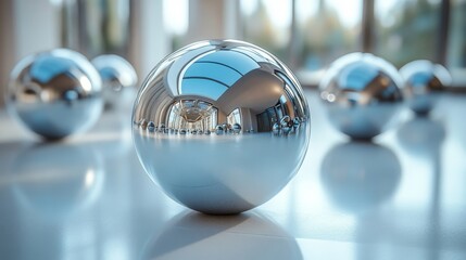 Fototapete - Shiny, metallic spheres are arranged across a reflective floor in a contemporary interior. Natural light highlights the smooth surfaces, creating captivating reflections.