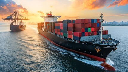 Cargo Ship Sailing at Sunset.