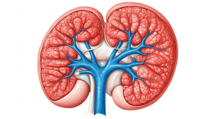 Detailed anatomical illustration of human kidneys showcasing their structure, including renal veins and arteries, on a white background.