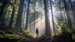 © Bernardo - Hiker standing in a dense forest surrounded by towering trees and sun rays filtering through the canopy
