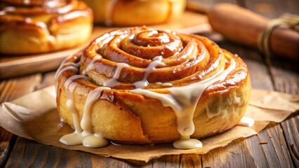 Wall Mural - A Close-Up of a Freshly Baked Cinnamon Roll with Drizzled Icing on a Wooden Surface