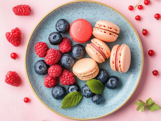 colorful dessert plate featuring macarons and fresh berries creates delightful and inviting scene. vibrant colors and textures evoke sense of joy and indulgence