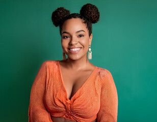 Wall Mural - Portrait of Beautiful Young Woman Happily Smiling Against Studio Background