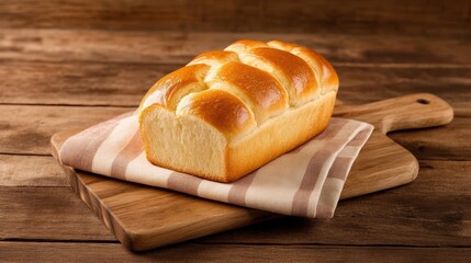 Wall Mural - A freshly baked golden brioche loaf placed on a wooden cutting board with a striped kitchen towel in a rustic kitchen setting