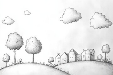 Poster - A collection of hand-drawn doodles featuring trees, clouds, and houses creates a charming and simple landscape. Generative AI