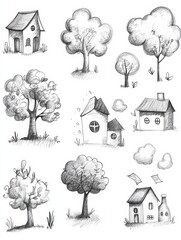 Poster - This collection features playful pencil sketches of trees, clouds, and houses, each depicted in a charming and simple doodle style. Generative AI