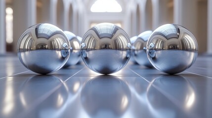 Aufkleber - Reflective metallic spheres are artfully positioned on a polished floor in a beautifully designed indoor area. The sunlight enhances their gleam.