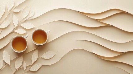 Poster - Cups filled with tea are surrounded by flowing lines and stylized tea leaves, creating a tranquil and inviting atmosphere. Generative AI