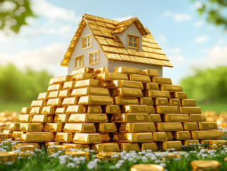 Golden house. Illustration with decorative house made of gold.