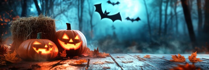 Halloween holiday carved pumpkin with bats flying