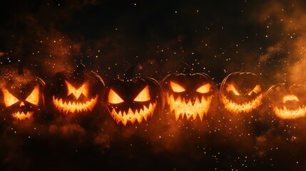 Halloween holiday carved pumpkins background closeup view