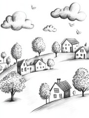 Poster - Whimsical doodles feature hand-drawn houses, trees, and fluffy clouds, showcasing a charming and serene countryside atmosphere. Generative AI