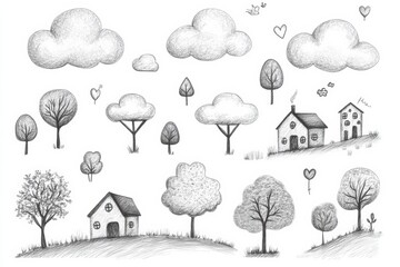 Poster - A collection of whimsical pencil sketches featuring clouds, trees, and houses, capturing a charming countryside atmosphere. Generative AI
