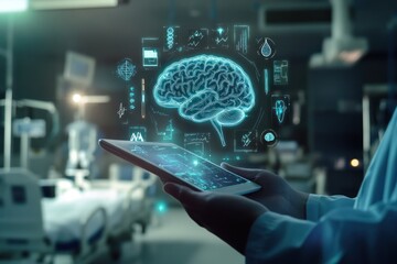 doctor scans brain using high-tech tablet display.