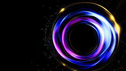 Wall Mural - luminous airy digital neon blue, purple and golden tech circle on black background, copy space. scie