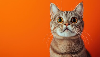 A close-up of a curious cat with large eyes against a vibrant orange background.