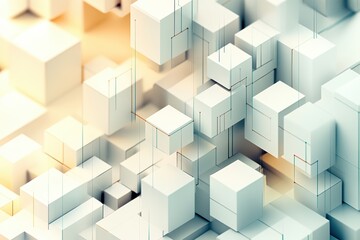 Poster - An abstract composition displays multiple cubes in different sizes and shades, interconnected by lines on a light background. Generative AI