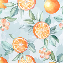 Watercolor pattern of oranges with flowers and green leaves on branches in a seamless botanical design.