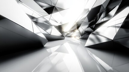 Fototapete - An abstract composition features silver and metallic geometric shapes creating a dynamic landscape that reflects light from various angles, evoking a sense of modernity and depth.