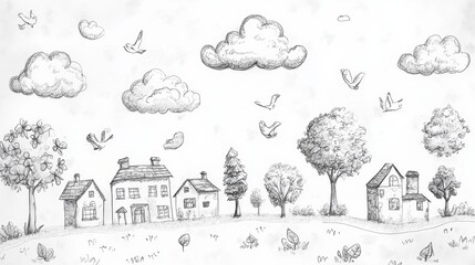 Poster - This artwork highlights hand-drawn doodles of houses, trees, clouds, and birds, capturing a lighthearted, imaginative atmosphere. Generative AI