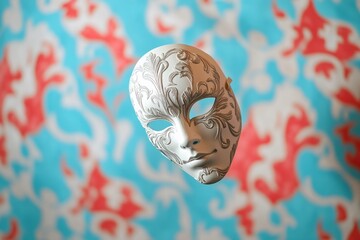 A decorative mask against a vibrant patterned background.