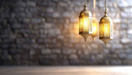 Two ornate lanterns hang against a stone wall, casting warm light.