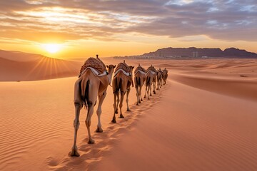 Camels walking in a desert at sunset, showcasing serene natural beauty.