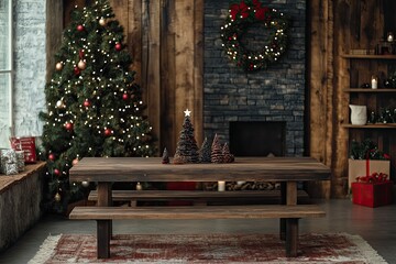 Wooden table in room decorated for Christmas. Space for design with generative ai