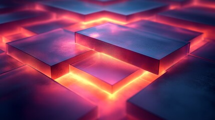 Fototapete - The artwork showcases an intricate layering of blue and orange elements, creating a glowing effect that highlights the geometric shapes and depths, embodying modern abstract art.