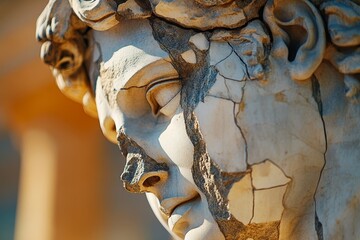 Detailed close-up of an ancient marble statue's face with visible cracks and wear amid a historic outdoor setting