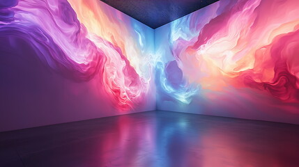 Poster - Vibrant and ethereal colorful abstract mural transforming a modern artistic interior space with dynamic fluid shapes and light effects