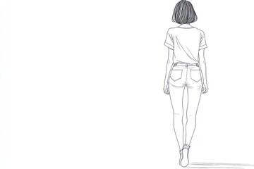 Full body minimalist line art of a 1960s young woman with a short hairstyle, walking away in the center of the frame. White background, entire figure clearly visible.