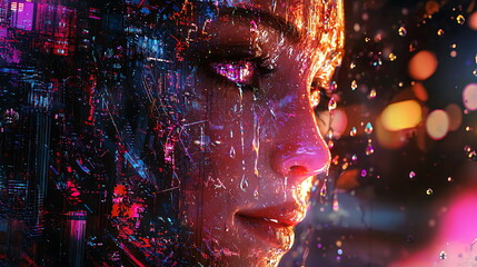 Poster - Exploring the depths of emotion a digital portrait of a woman embodying vibrant visual elements and futuristic aesthetics