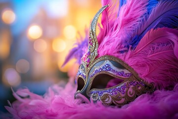 A vibrant masquerade mask adorned with feathers and jewels.