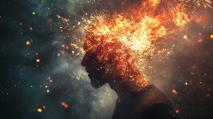 Poster - A captivating creative portrait of a person with a fiery head merging imagination and emotion in a striking visual display