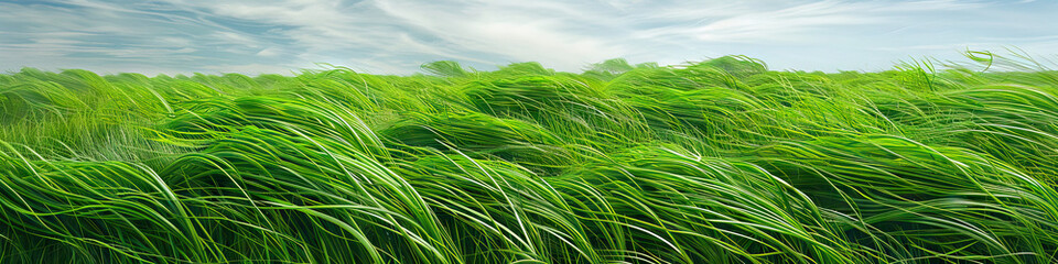 Wall Mural - Grassy Green: A field of green blades of grass swaying in the wind, some bending low enough to touch the ground, creating a soothing natural scene.