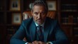 © kodidesign - Mature businessman in a dark blue suit, sitting in a leather chair with a focused expression, conveying authority and professionalism, ideal for corporate and leadership-themed content