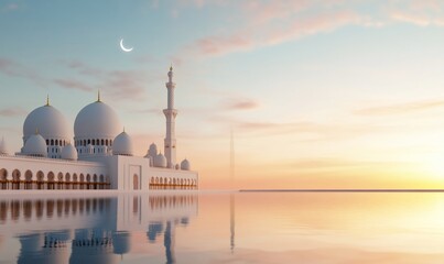 Serene mosque at sunrise, reflecting in calm waters.