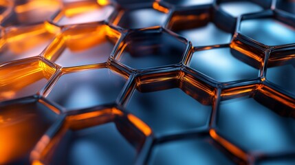 Poster - A detailed close-up reveals a hexagonal pattern with vibrant orange and blue hues, highlighting a striking blend of colors and intricate textures in a futuristic style.
