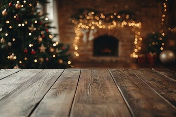 Wooden table in room decorated for Christmas. Space for design with generative ai