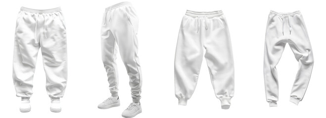 A white background with blank training jogger pants in white color on an invisible mannequin template