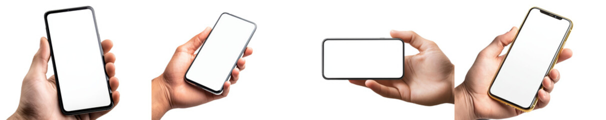 Poster - Mobile phone mockup with empty screen and a finger clicking isolated on white. Woman's hand holding the phone.