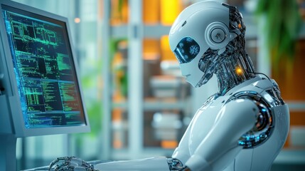 A humanoid robot interacts with a computer, displaying code on the screen in a sleek office environment illuminated by warm daylight